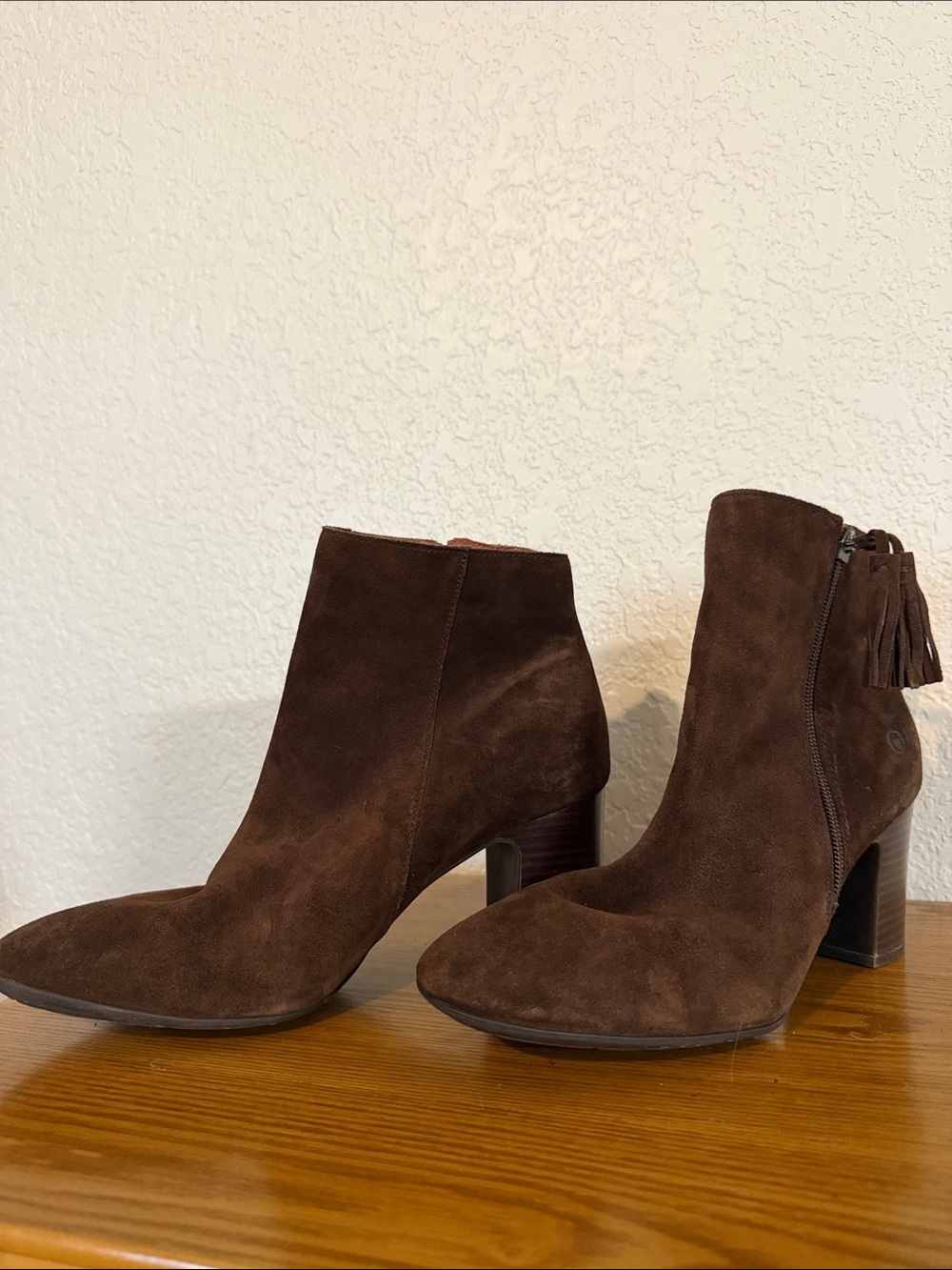 Born Dark Brown Suede Ankle Booties with Tassel Zip